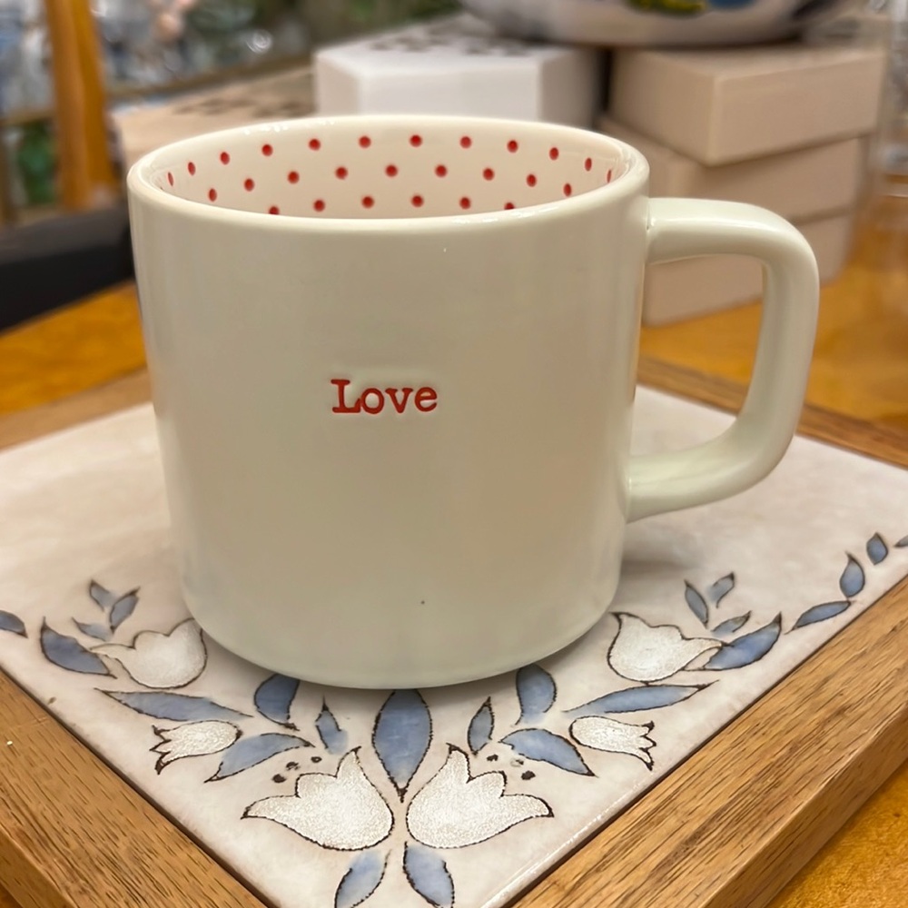 World Market "Love" Coffee Mug Polka Dot Inside